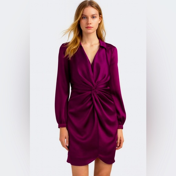 Trina Turk Long Sleeve Satin Anne Front Twist Wrap Dress - Picture 1 of 9